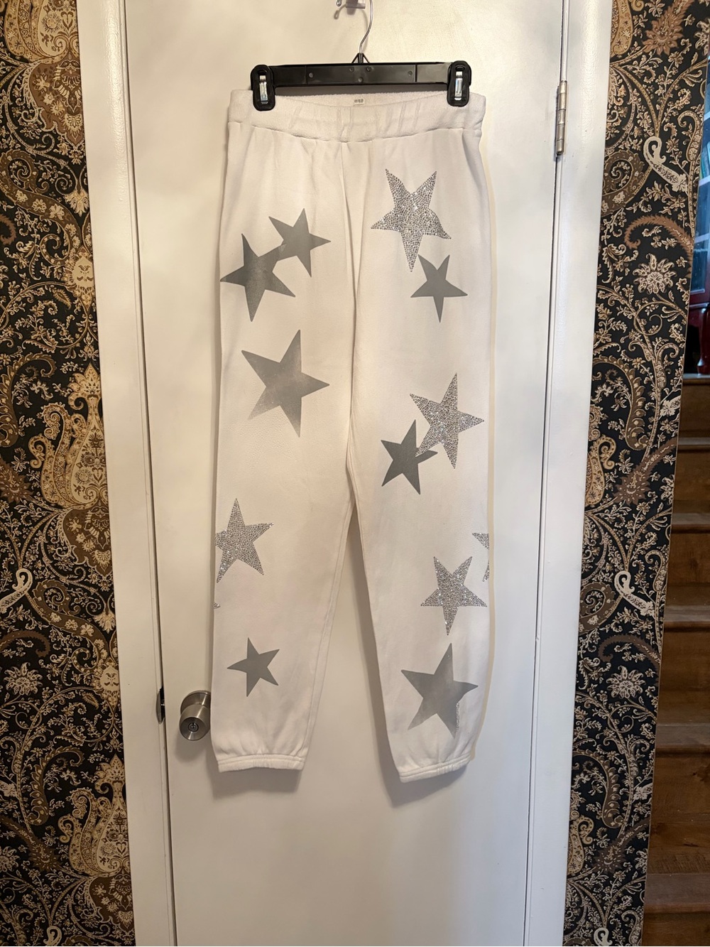 White Star Print jogging pants with Silver Rhinestone Stars! So cute!